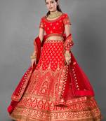 Red embroidered satin Semi Stitched Bridal Lehenga