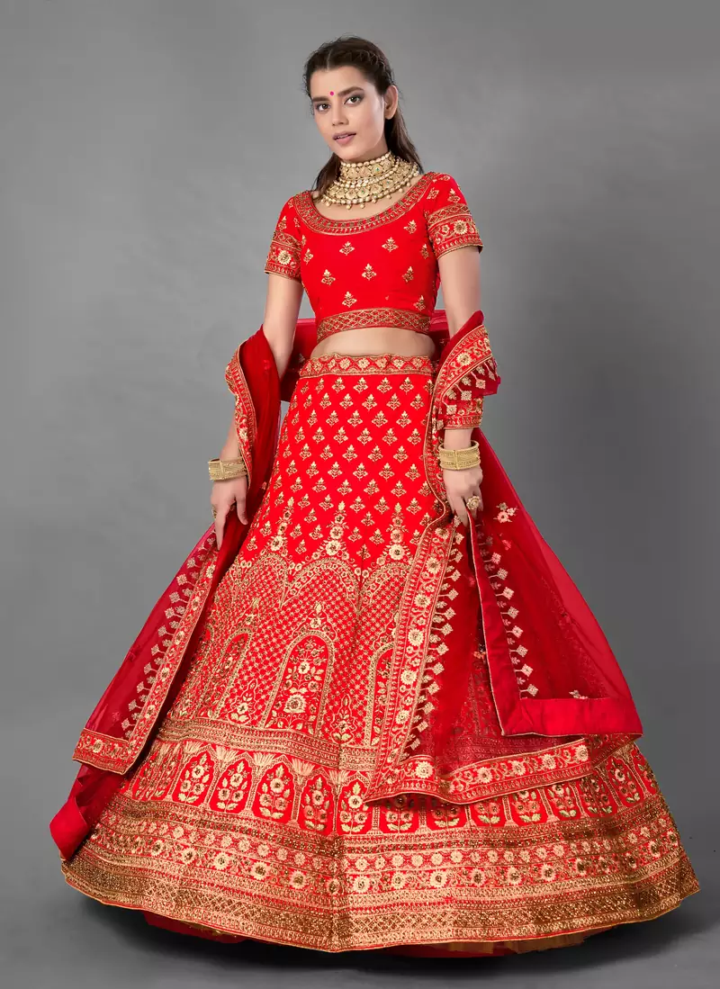 Red embroidered satin Semi Stitched bridal lehenga