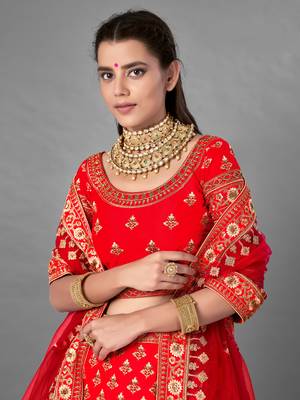 Red embroidered satin Semi Stitched Bridal Lehenga 2