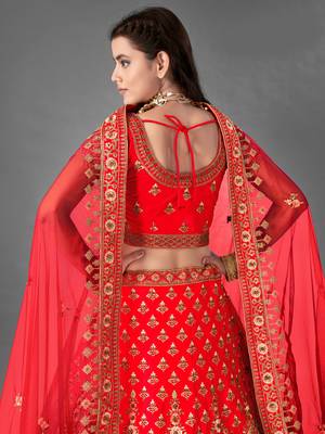 Red embroidered satin Semi Stitched Bridal Lehenga 3