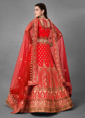 Red embroidered satin Semi Stitched Bridal Lehenga 4