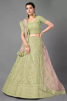 Light-green embroidered art silk Semi Stitched bridal lehenga