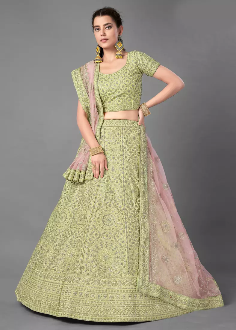 Light-green embroidered art silk Semi Stitched bridal lehenga