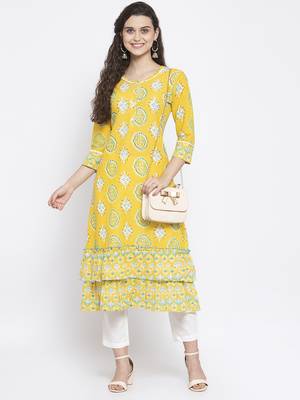 Yellow printed cotton kurtas-and-kurtis 5