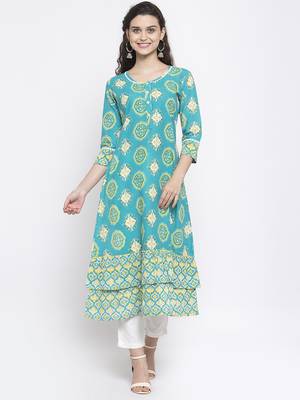 Teal printed cotton kurtas-and-kurtis 1