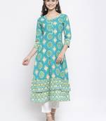Teal printed cotton kurtas-and-kurtis