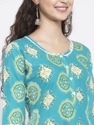 Teal printed cotton kurtas-and-kurtis 3