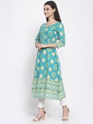Teal printed cotton kurtas-and-kurtis 4