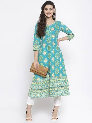 Teal printed cotton kurtas-and-kurtis 5