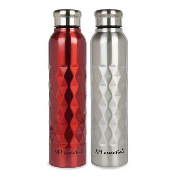 NFI essentials Stainless Steel Single Walled Fridge Water Bottle, 1000ml, Rhombus Design Water Bottle (Pack of 2) 1