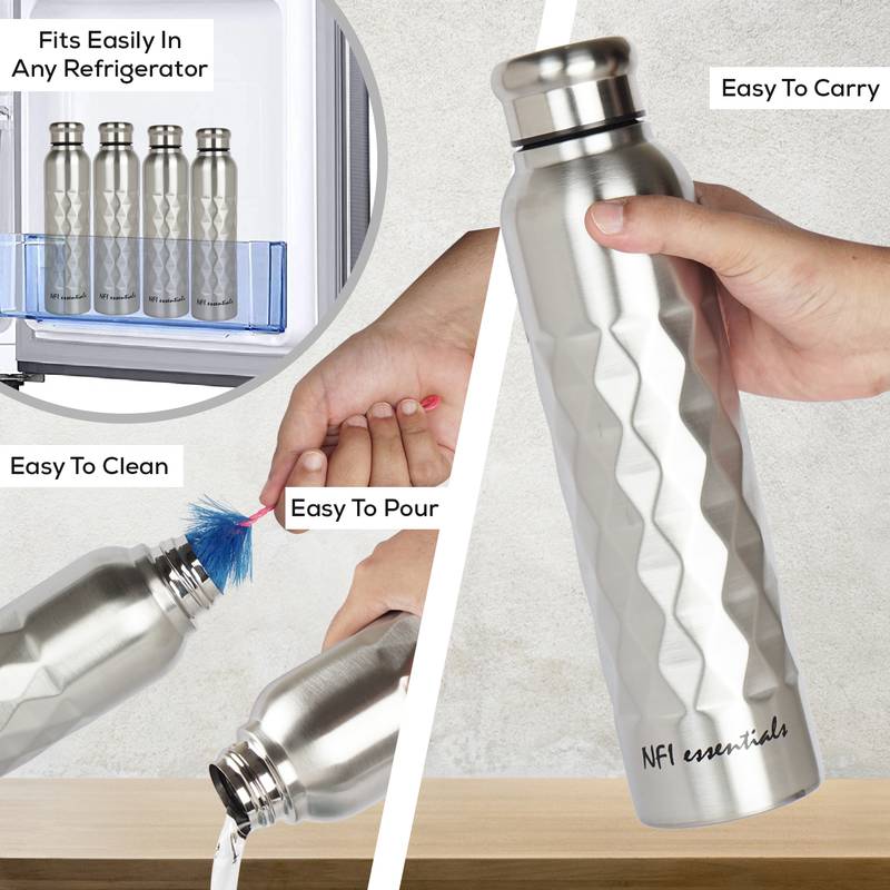 NFI essentials Stainless Steel Single Walled Fridge Water Bottle, 1000ml, Rhombus Design Water Bottle (Pack of 2)