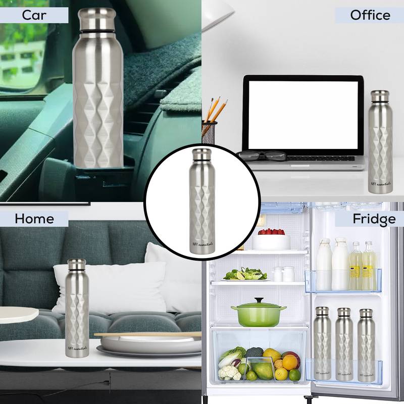 NFI essentials Stainless Steel Single Walled Fridge Water Bottle, 1000ml, Rhombus Design Water Bottle (Pack of 2)