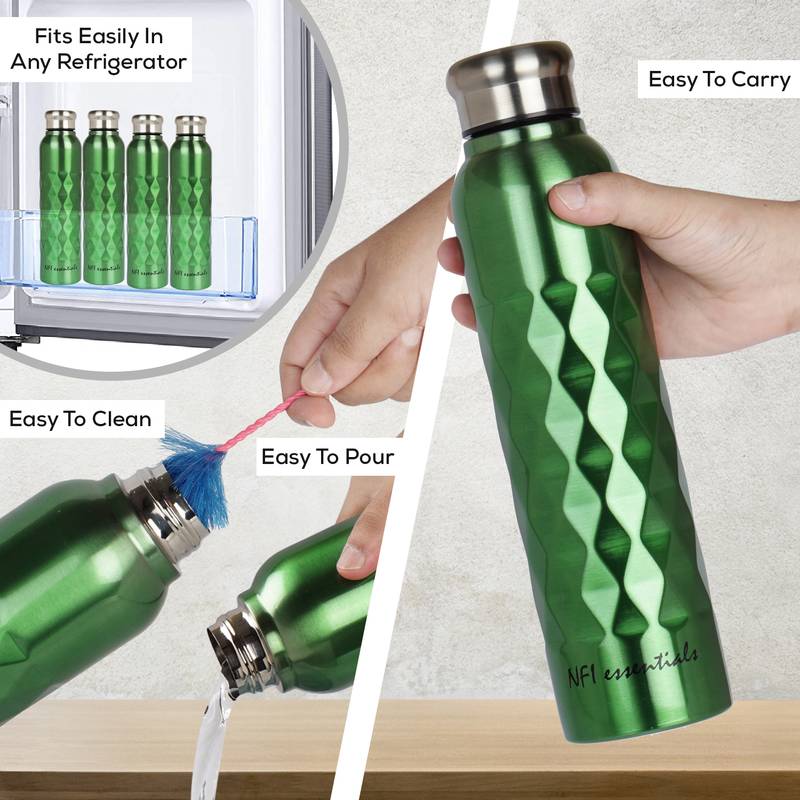 NFI essentials Stainless Steel Single Walled Fridge Water Bottle, 1000ml, Rhombus Design,Water Bottle (Pack of 6)