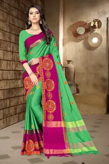 Green embroidered cotton silk saree with blouse