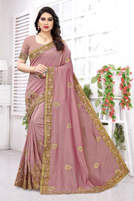 Pink embroidered silk saree with blouse 1
