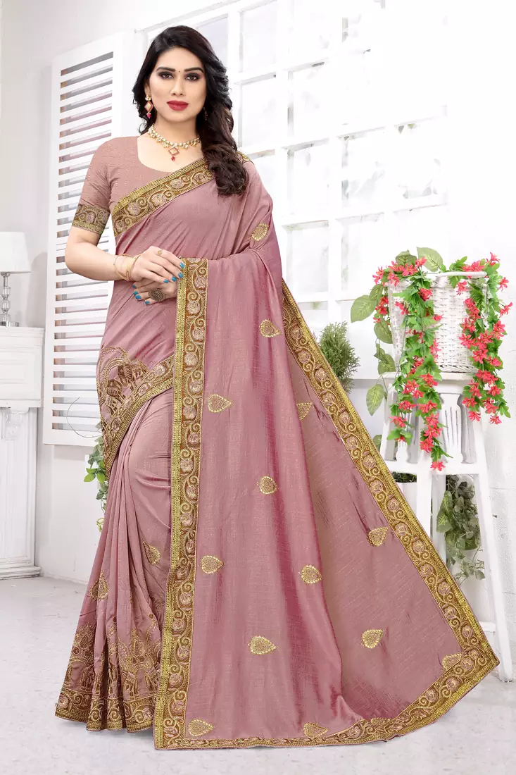 Pink embroidered silk saree with blouse
