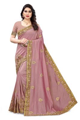 Pink embroidered silk saree with blouse 2