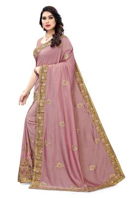 Pink embroidered silk saree with blouse 3
