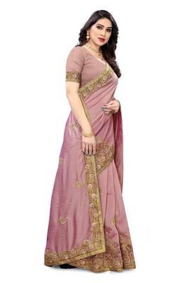 Pink embroidered silk saree with blouse 4
