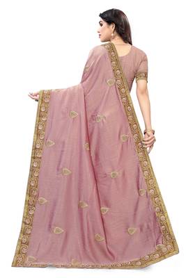 Pink embroidered silk saree with blouse 5