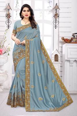Light blue embroidered silk saree with blouse 1