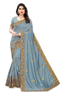 Light blue embroidered silk saree with blouse 2