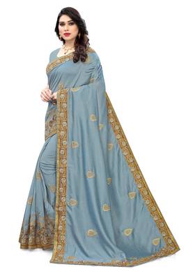 Light blue embroidered silk saree with blouse 3