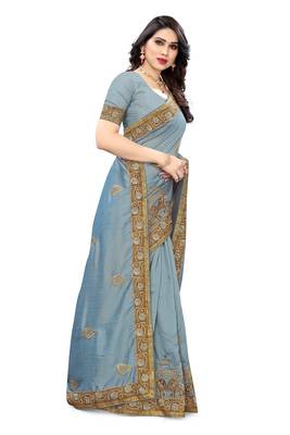 Light blue embroidered silk saree with blouse 4