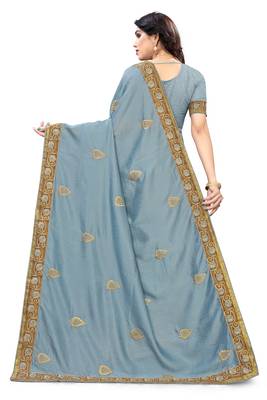 Light blue embroidered silk saree with blouse 5