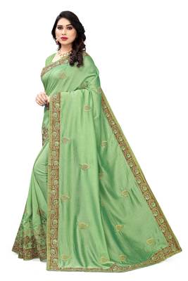 Light green embroidered silk saree with blouse 3