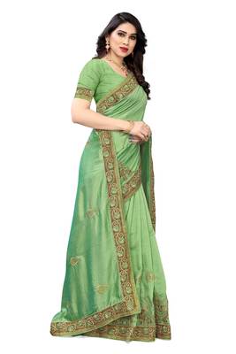 Light green embroidered silk saree with blouse 4