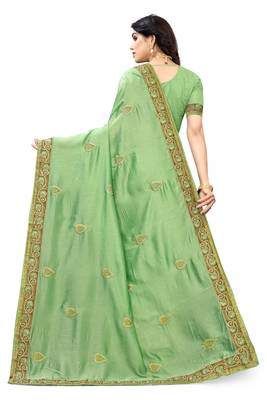 Light green embroidered silk saree with blouse 5
