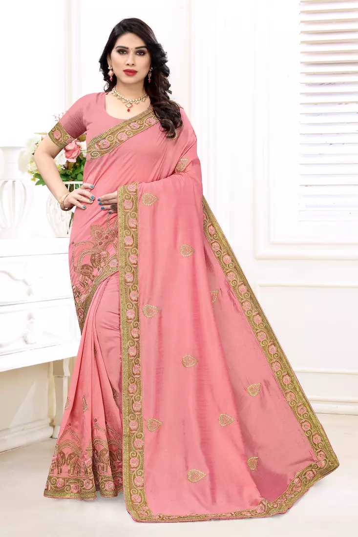 Light pink embroidered silk saree with blouse