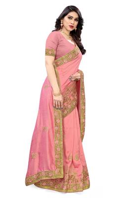 Light pink embroidered silk saree with blouse 4