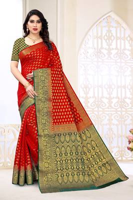 Red printed art silk saree with blouse 1