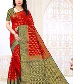 Red printed art silk saree with blouse