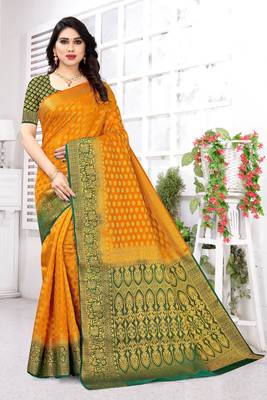 Orange printed art silk saree with blouse 2