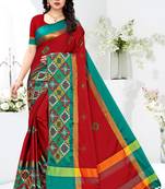 Red embroidered cotton silk saree with blouse