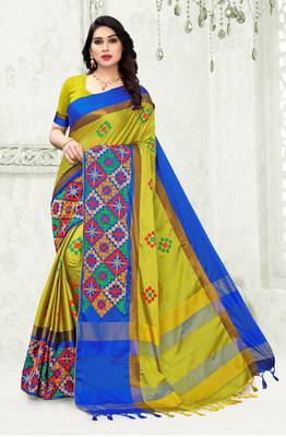 Yellow embroidered cotton silk saree with blouse 1