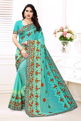 Light blue embroidered chiffon saree with blouse 1