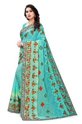Light blue embroidered chiffon saree with blouse 2