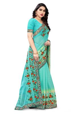 Light blue embroidered chiffon saree with blouse 3