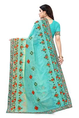 Light blue embroidered chiffon saree with blouse 4