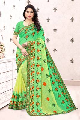 Light green embroidered chiffon saree with blouse 1