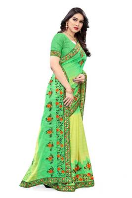 Light green embroidered chiffon saree with blouse 3