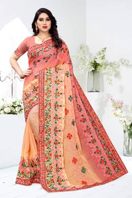 Peach embroidered chiffon saree with blouse 1