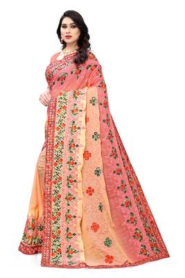 Peach embroidered chiffon saree with blouse 2