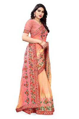 Peach embroidered chiffon saree with blouse 3