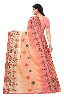 Peach embroidered chiffon saree with blouse 4