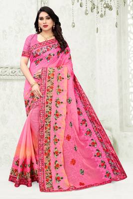 Pink embroidered chiffon saree with blouse 1